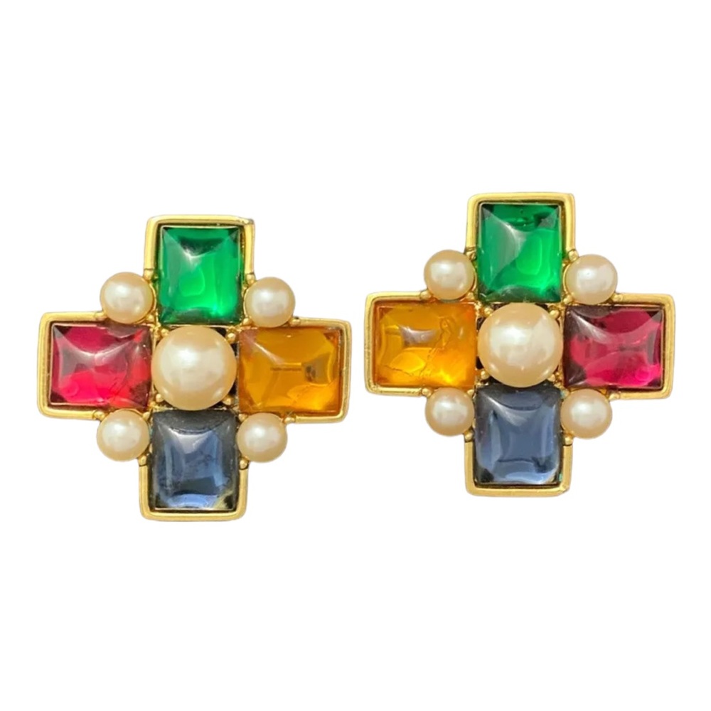Vintage Monet Multicolor Glass Gripoix Maltese Cross Earrings Pearlโ